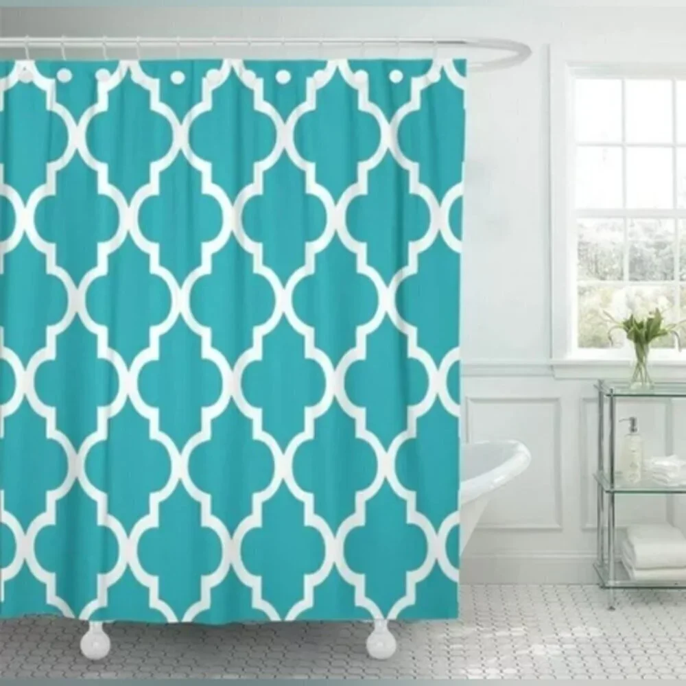 Colorful Geometric Teal Quatrefoil Pattern Moroccan Shower Curtains NWT